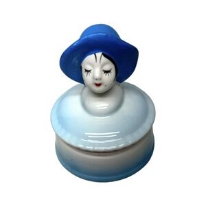 Vintage Irice Ceramic Round Art Deco Flapper Girl Teal Powder Vanity Trinket Box